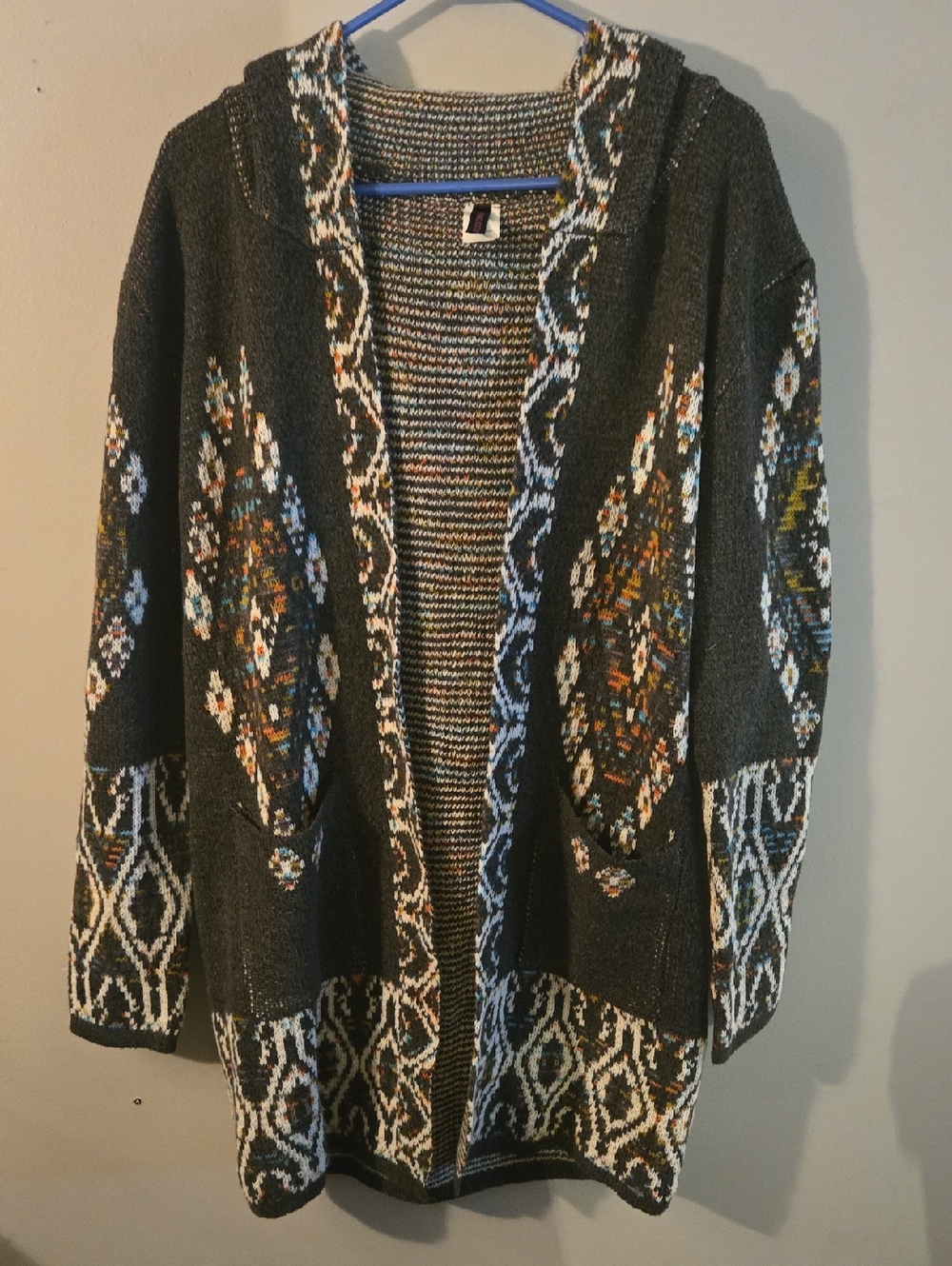 Dark Gray Hooded Patterned Cardigan Sweater